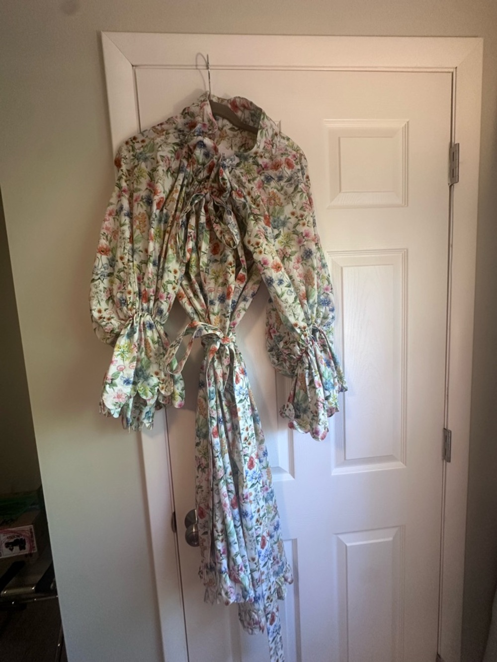 size large Horror Vacui Floral Peasant Midi Dress with Ruffled Neckline - Picture 4 of 6